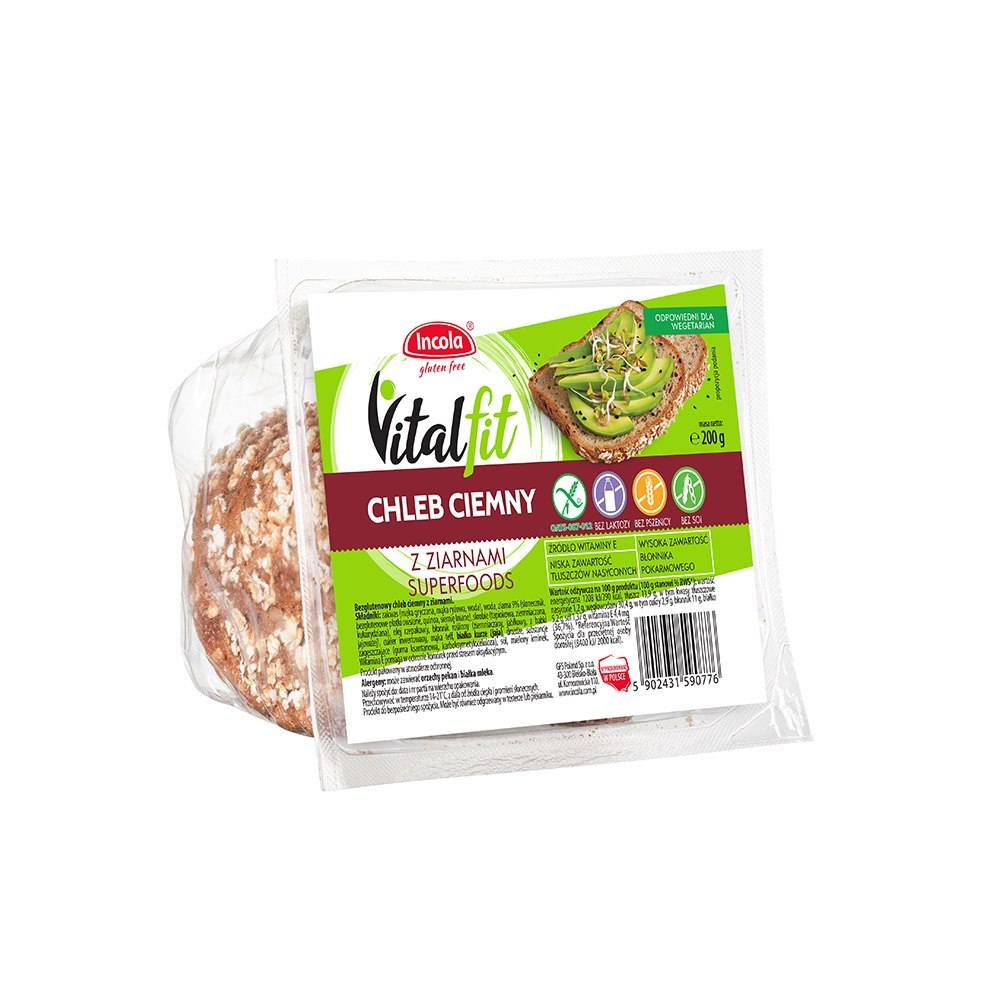 Chleb Vitalfit ciemny z ziarnami bezglutenowy 200 g Incola Chleb Vitalfit ciemny z ziarnami bezglutenowy 200 g Incola