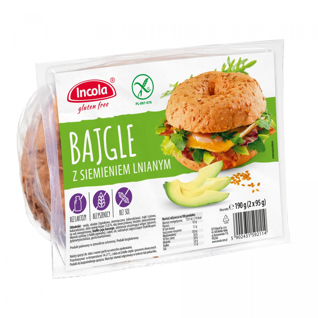 Bezglutenowe BAJGLE z siemieniem lnianym Incola. Bezglutenowe BAJGLE z siemieniem lnianym Incola.