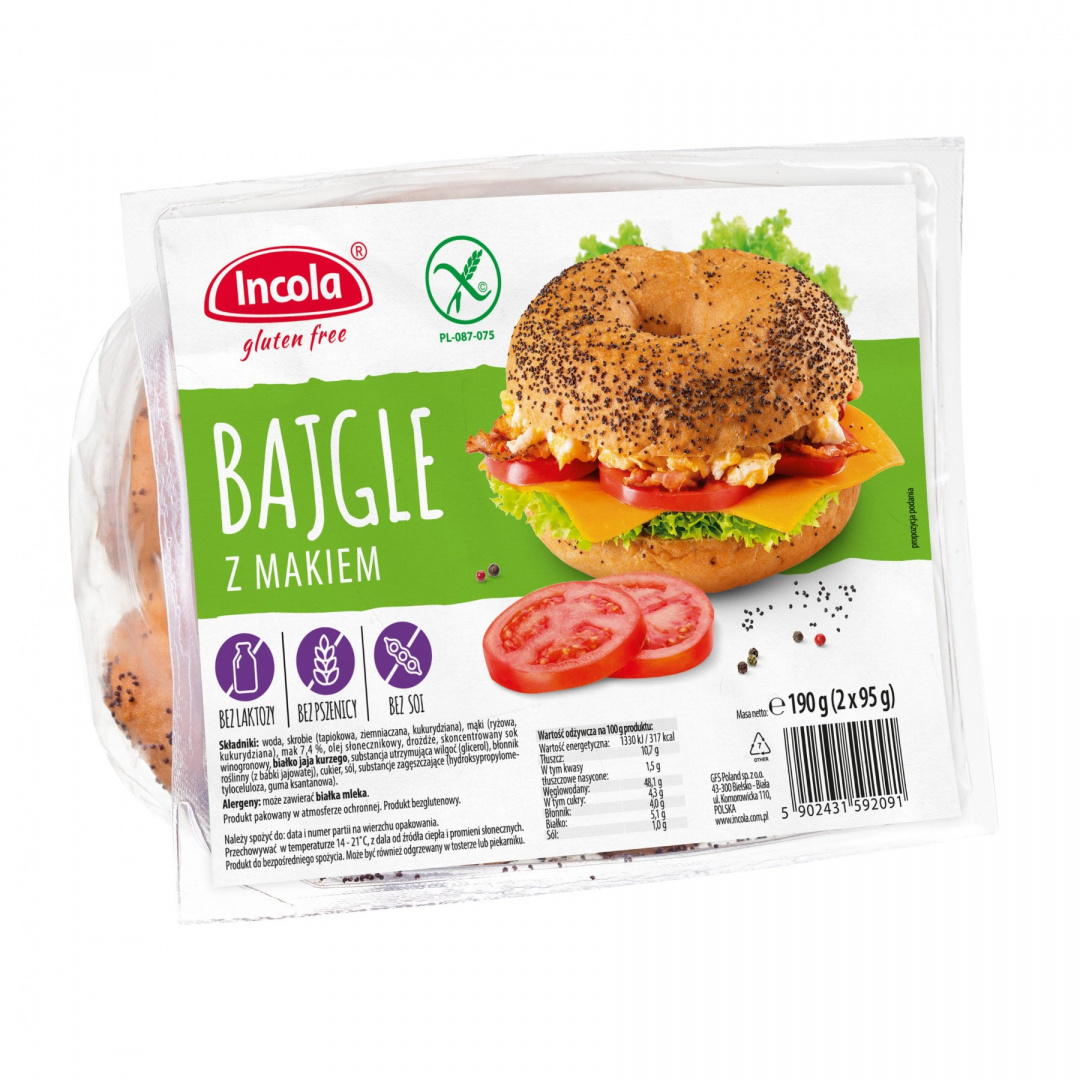 Bezglutenowe BAJGLE z makiem 190 g (2x95g) Incola. Bezglutenowe BAJGLE z makiem 190 g (2x95g) Incola.