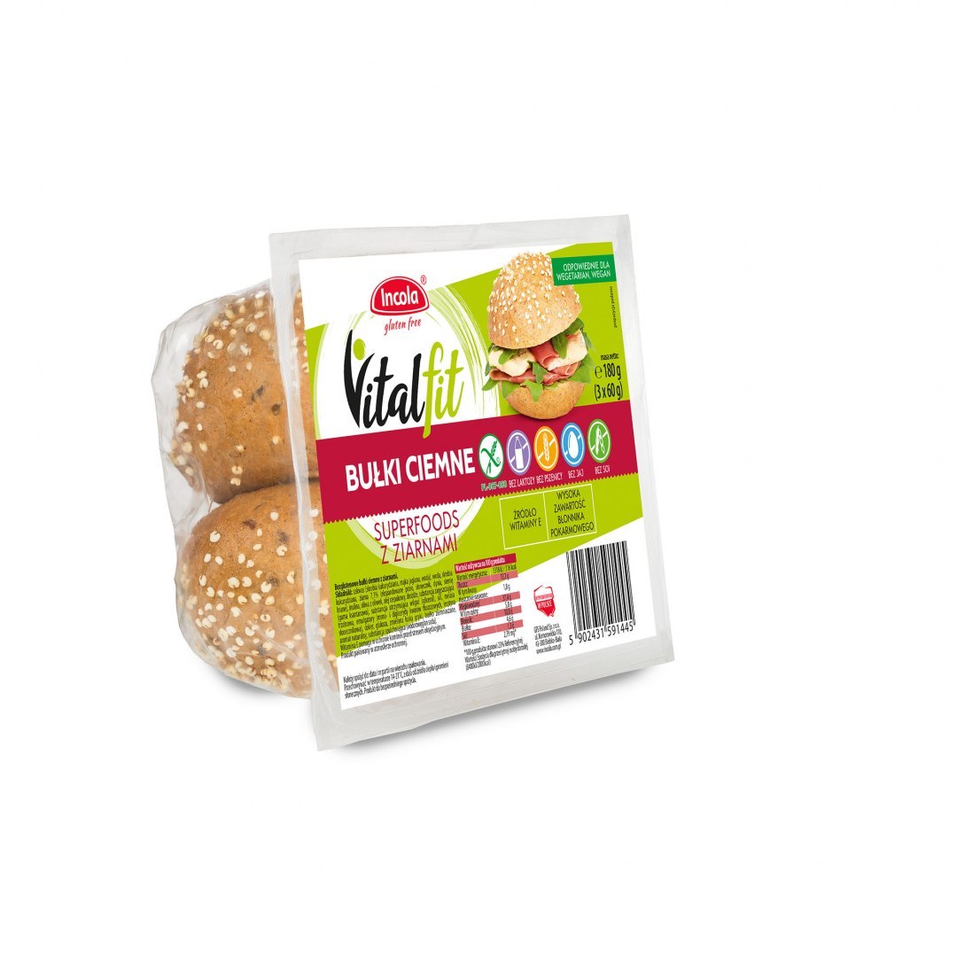 Vitalfit bułki ciemne z ziarnami bezglutenowe 180 g Incola. Vitalfit bułki ciemne z ziarnami bezglutenowe 180 g Incola.