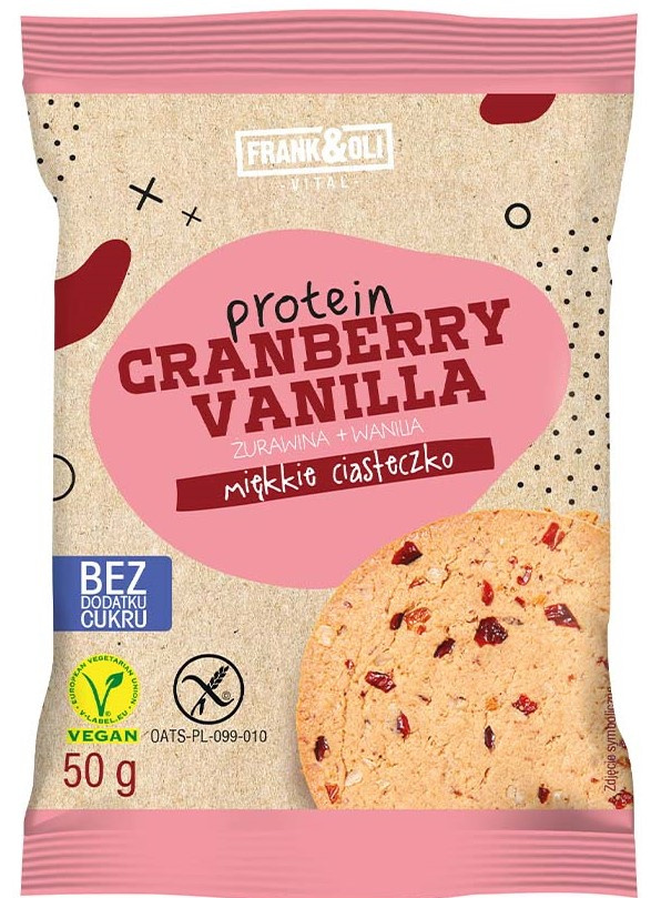 .Ciasteczko proteinowe Żurawina i wanilia 50 g FRANK&OLI. .Ciasteczko proteinowe Żurawina i wanilia 50 g FRANK&OLI.