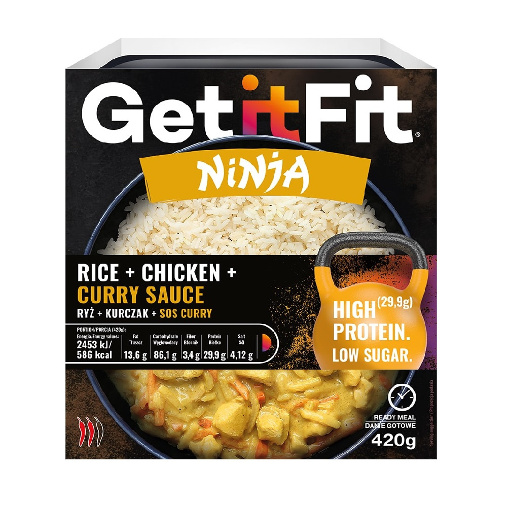 Ryż, kurczak, sos curry 420 g GetitFit. Ryż, kurczak, sos curry 420 g GetitFit.