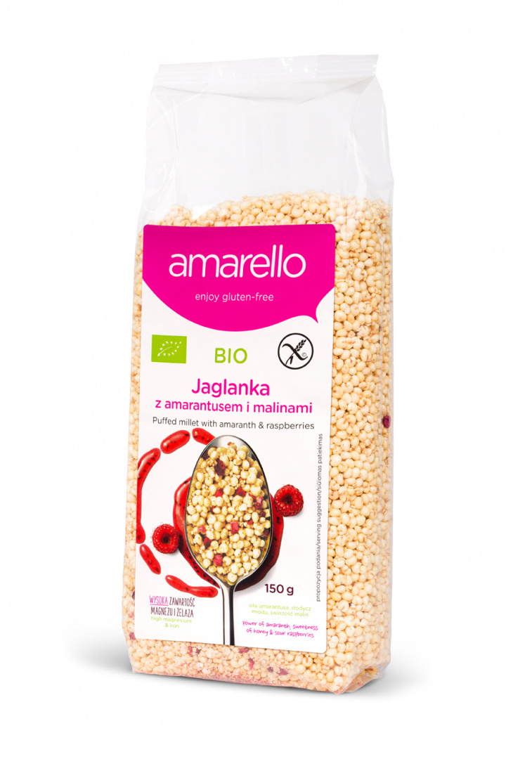 Amarello Bio jaglanka z amarantusem i malinami 150g Amarello Bio jaglanka z amarantusem i malinami 150g