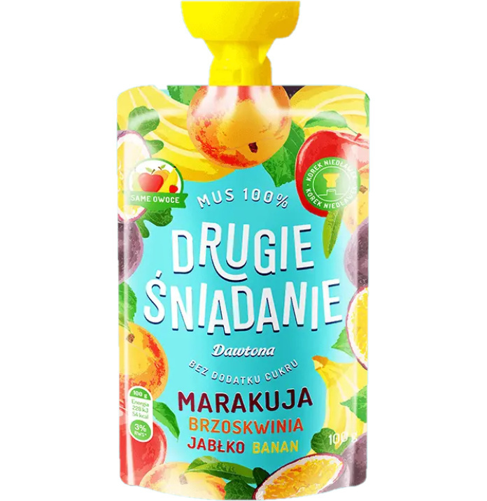 Drugie śniadanie Mus 100% Marakuja/Brzoskwinia/Banan/Jabłko100 g Dawtona Drugie śniadanie Mus 100% Marakuja/Brzoskwinia/Banan/Jabłko100 g Dawtona