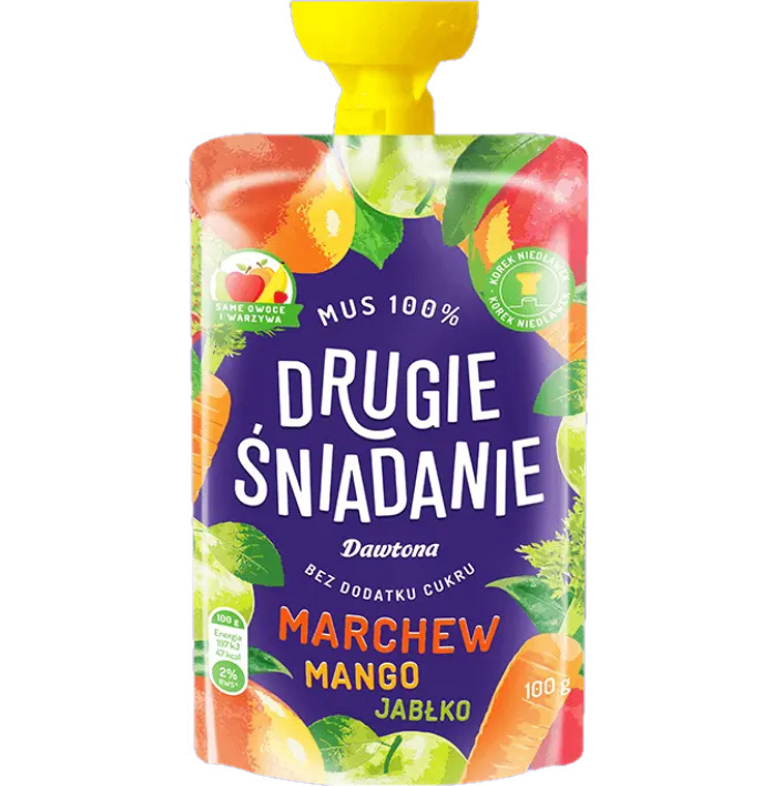 Drugie śniadanie Mus 100% Marchew/Mango/Jabłko 100 g Dawtona Drugie śniadanie Mus 100% Marchew/Mango/Jabłko 100 g Dawtona