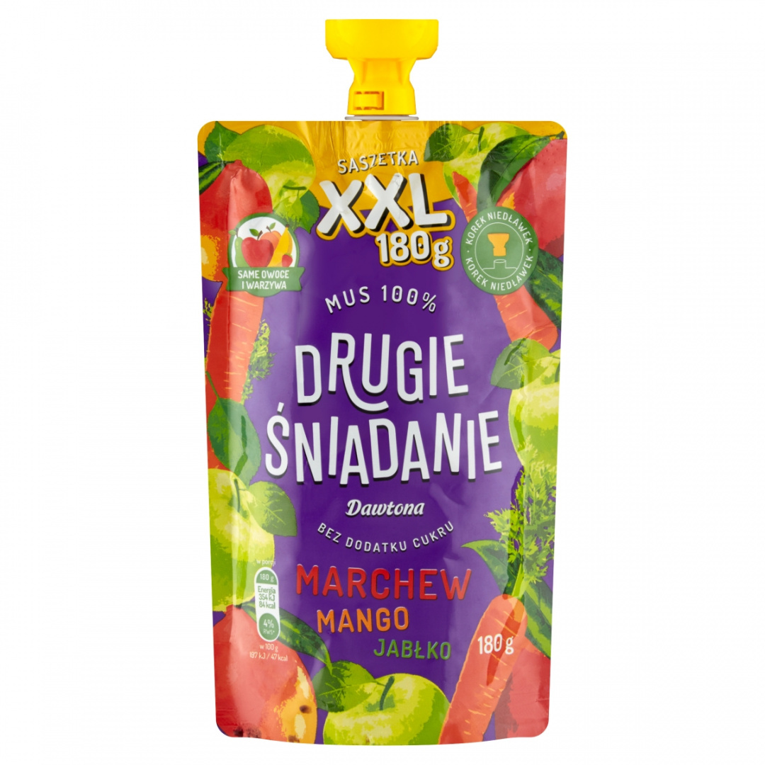 Drugie śniadanie Mus 100% Marchew/Mango/Jabłko 180 g XXL Dawtona Drugie śniadanie Mus 100% Marchew/Mango/Jabłko 180 g XXL Dawtona