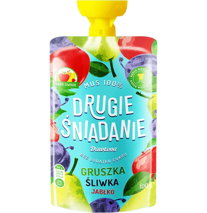 Drugie śniadanie Mus 100% Gruszka/ Jabłko /Śliwka 100 g Dawtona Drugie śniadanie Mus 100% Gruszka/ Jabłko /Śliwka 100 g Dawtona