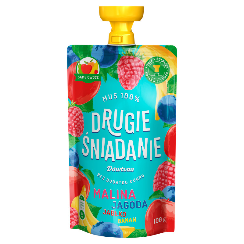 Drugie śniadanie Mus 100% Malina/Jagoda/Banan/Jabłko 100 g Dawtona Drugie śniadanie Mus 100% Malina/Jagoda/Banan/Jabłko 100 g Dawtona