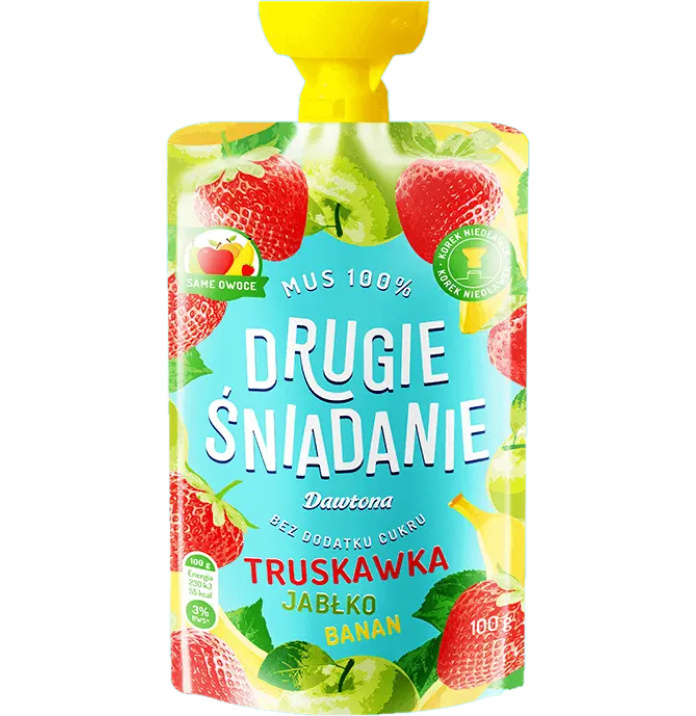 Drugie śniadanie Mus 100% Truskawka/Jabłko/Banan 100 g Dawtona Drugie śniadanie Mus 100% Truskawka/Jabłko/Banan 100 g Dawtona