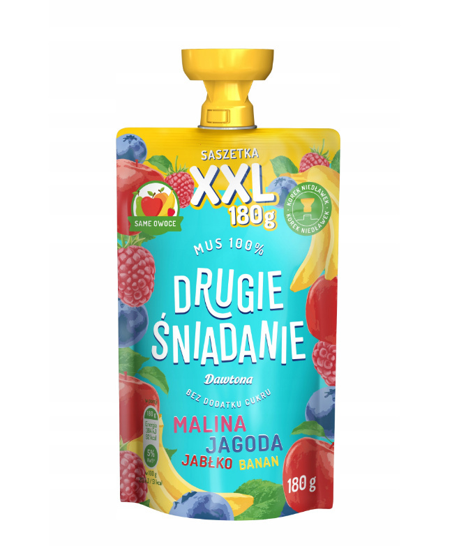 Drugie śniadanie Mus 100% Malina/Jagoda/Jabłko/Banan180 g XXL Dawtona Drugie śniadanie Mus 100% Malina/Jagoda/Jabłko/Banan180 g XXL Dawtona