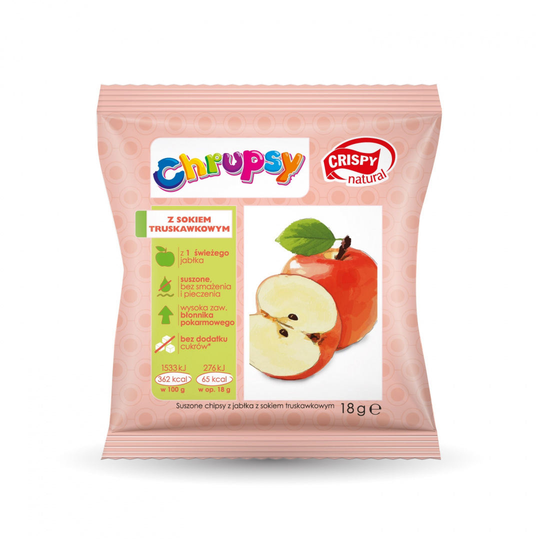 Jabłko z sokiem truskawkowym Naturalne suszone chipsy CRISPY NATURAL 18g Jabłko z sokiem truskawkowym Naturalne suszone chipsy CRISPY NATURAL 18g