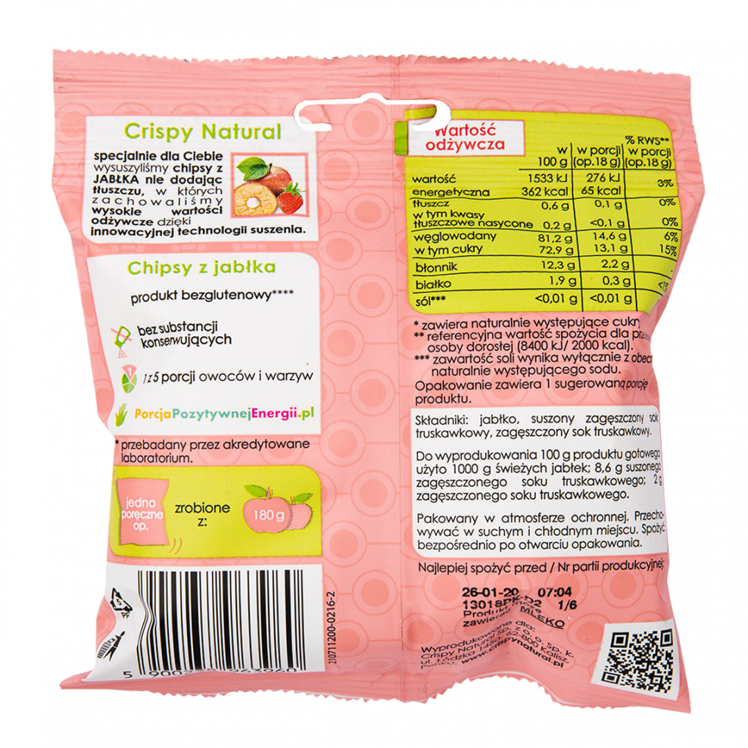 Jabłko z sokiem truskawkowym Naturalne suszone chipsy CRISPY NATURAL 18g Jabłko z sokiem truskawkowym Naturalne suszone chipsy CRISPY NATURAL 18g