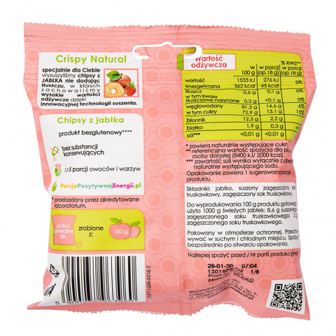 Jabłko z sokiem truskawkowym Naturalne suszone chipsy CRISPY NATURAL 18g Jabłko z sokiem truskawkowym Naturalne suszone chipsy CRISPY NATURAL 18g