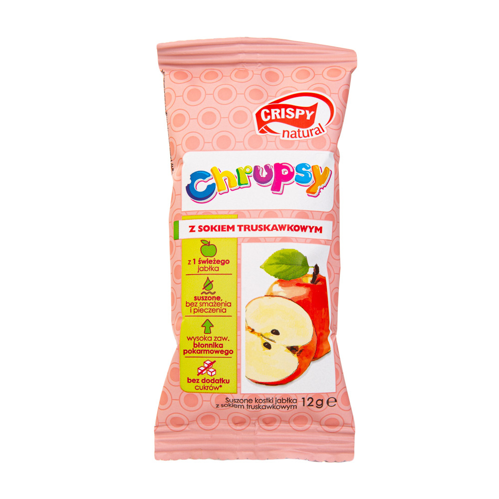 Jabłko z sokiem truskawkowym / kostka Naturalne suszone chipsy CRISPY NATURAL 12g Jabłko z sokiem truskawkowym / kostka Naturalne suszone chipsy CRISPY NATURAL 12g