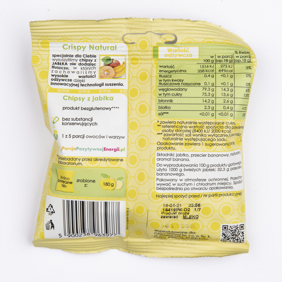 Jabłko z przecierem bananowym Naturalne suszone chipsy CRISPY NATURAL 18g Jabłko z przecierem bananowym Naturalne suszone chipsy CRISPY NATURAL 18g