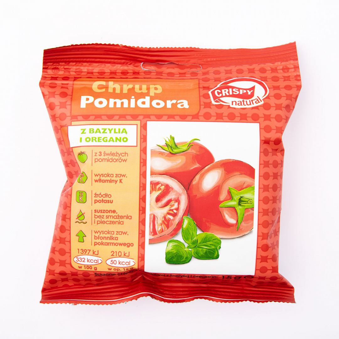 Pomidor z bazylią i oregano Naturalne suszone chipsy CRISPY NATURAL 15g Pomidor z bazylią i oregano Naturalne suszone chipsy CRISPY NATURAL 15g