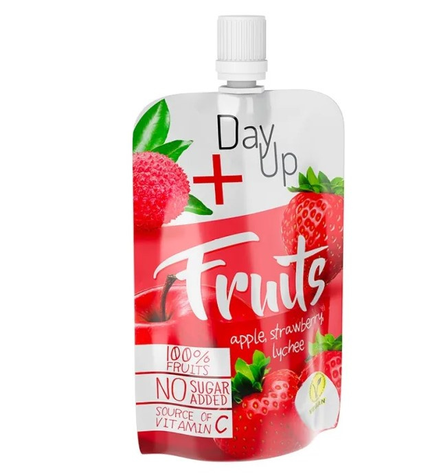 DAY UP FRUITS STRAWBERRY Purée jabłkowe z truskawkami i liczi 100g DAY UP FRUITS STRAWBERRY Purée jabłkowe z truskawkami i liczi 100g