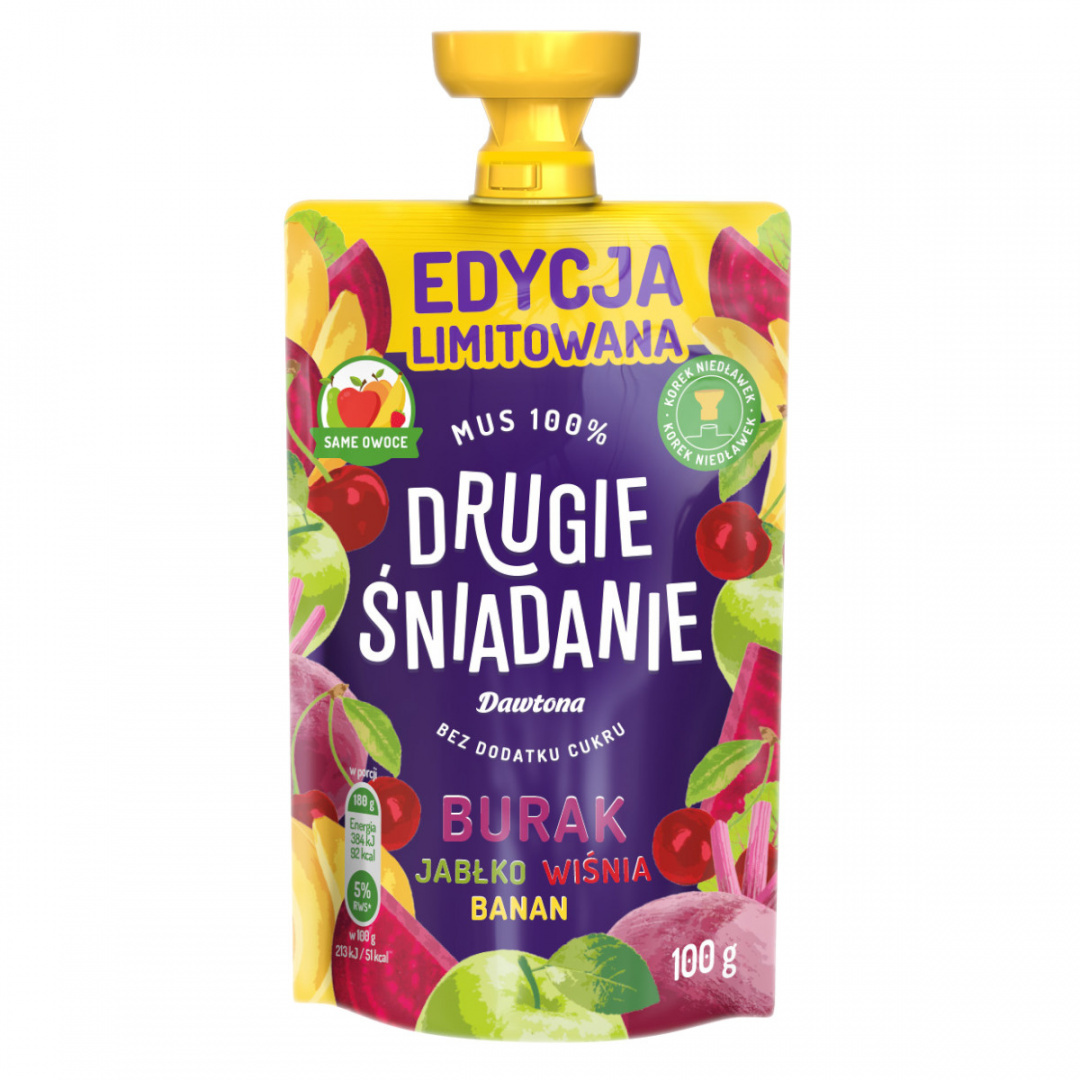 DRUGIE ŚNIADANIE mus 100% burak jabłko wiśnia banan 100g DRUGIE ŚNIADANIE mus 100% burak jabłko wiśnia banan 100g