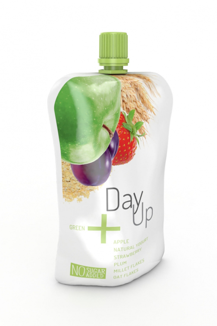 DayUp GREEN Puree jabłkowe z jogurtem naturalnym truskawką śliwką i płatkami 120g DayUp GREEN Puree jabłkowe z jogurtem naturalnym truskawką śliwką i płatkami 120g