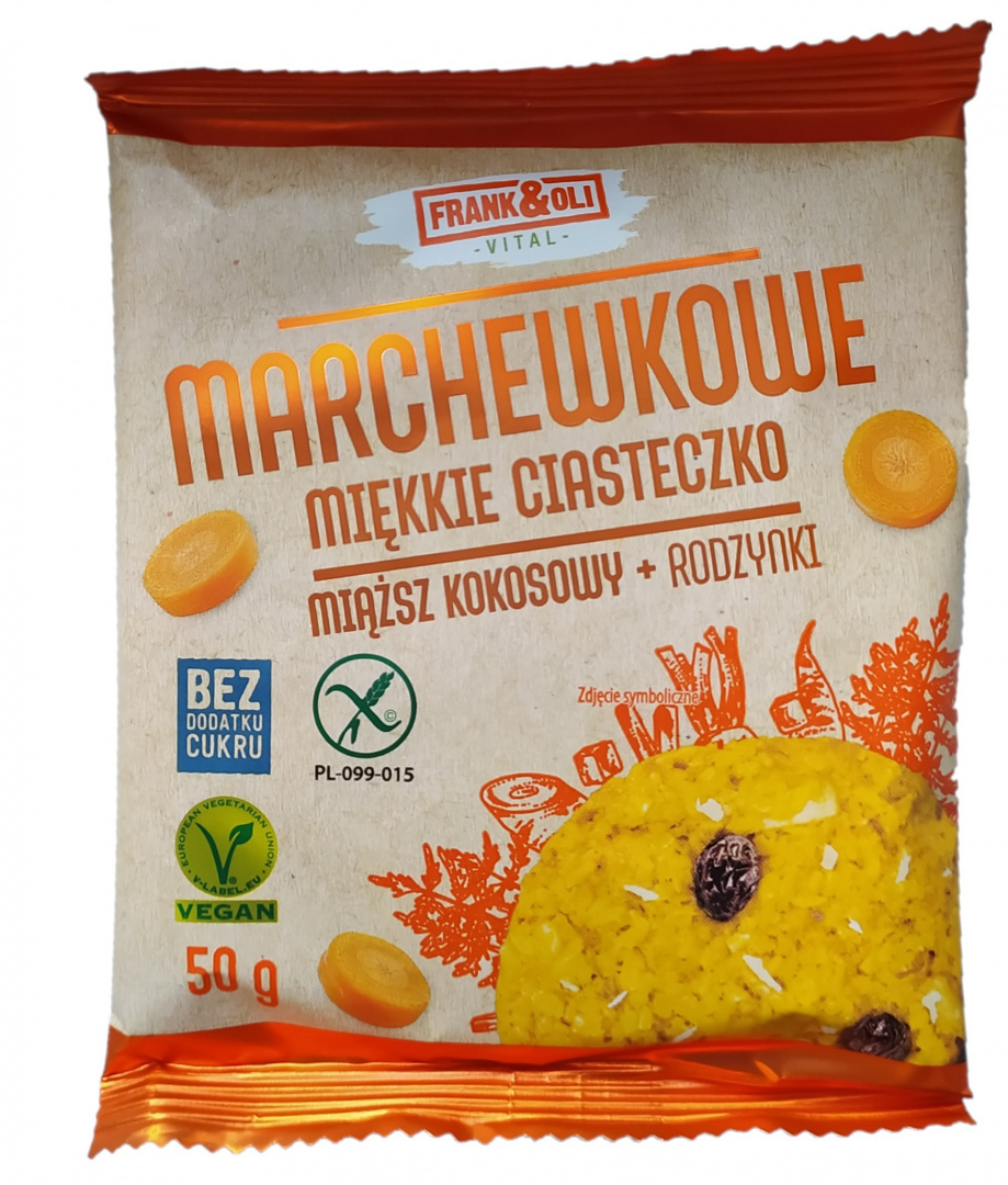 Marchewkowe miękkie ciasteczko z miążem kokosowym i rodzynkami 50g Marchewkowe miękkie ciasteczko z miążem kokosowym i rodzynkami 50g