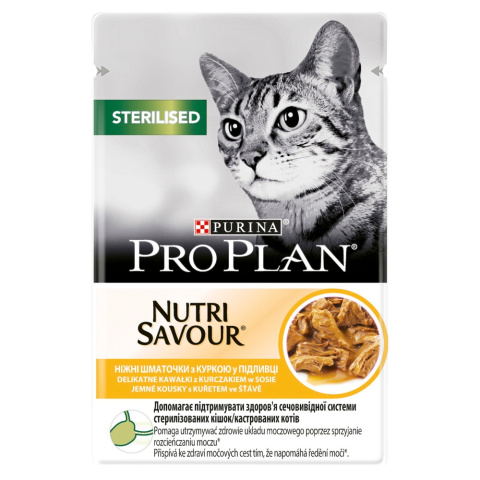 PRO PLAN Nutrisavour Sterilised Karma dla kotów delikatne kawałki z kurczakiem w sosie 85 g PRO PLAN Nutrisavour Sterilised Karma dla kotów delikatne kawałki z kurczakiem w sosie 85 g