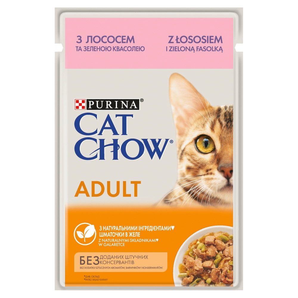 Purina Cat Chow Adult Karma dla kotów z łososiem i zieloną fasolką w galaretce 85 g Purina Cat Chow Adult Karma dla kotów z łososiem i zieloną fasolką w galaretce 85 g