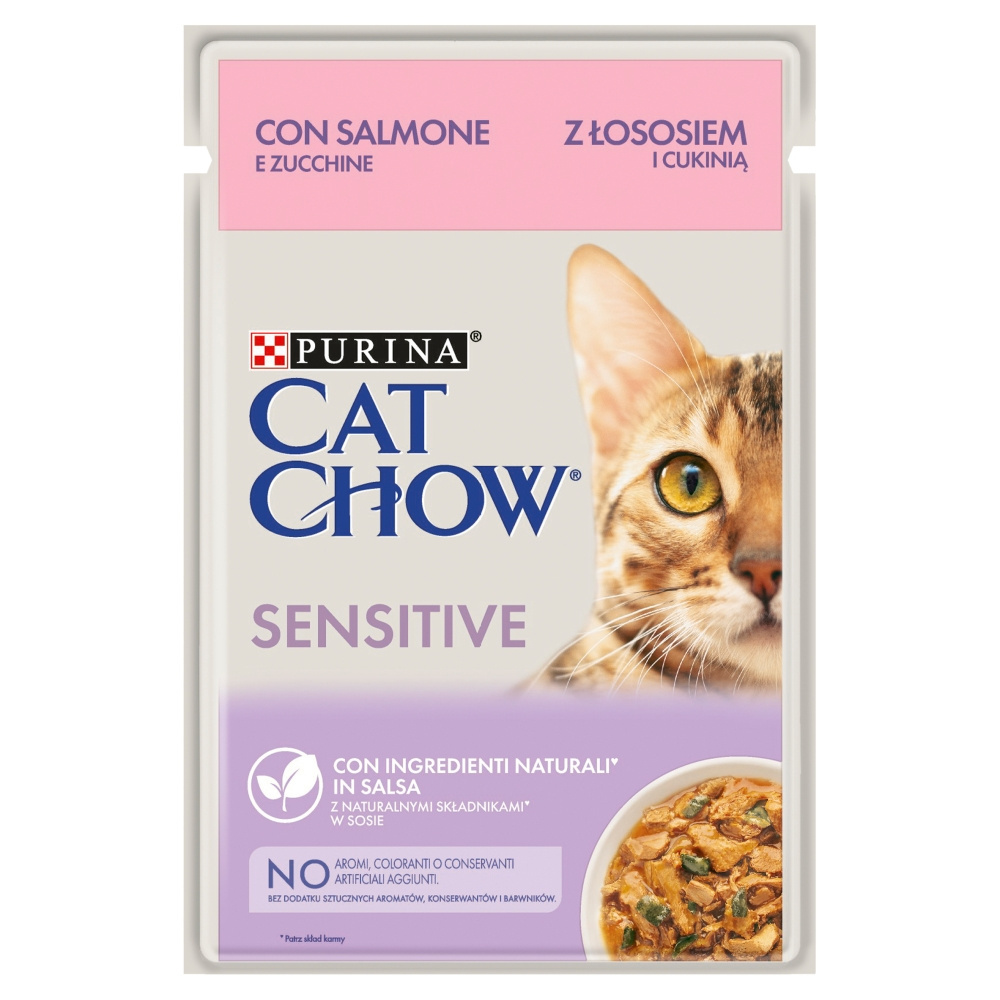 Purina Cat Chow Sensitive Karma dla kotów z łososiem i cukinią w sosie 85 g Purina Cat Chow Sensitive Karma dla kotów z łososiem i cukinią w sosie 85 g