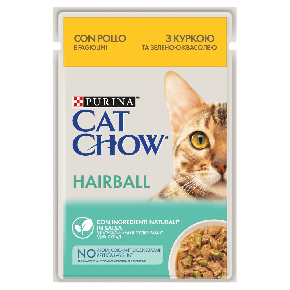 Purina Cat Chow Hairball Karma dla kotów z kurczakiem i zieloną fasolką w sosie 85 g Purina Cat Chow Hairball Karma dla kotów z kurczakiem i zieloną fasolką w sosie 85 g