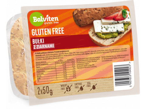 BALVITEN Bułki podłużne z ziarnami 2x50g bezglutenowe BALVITEN Bułki podłużne z ziarnami 2x50g bezglutenowe
