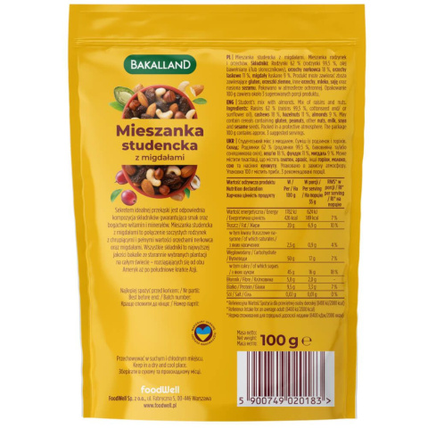 BAKALLAND MIESZANKA STUDENCKA Z MIGDAŁAMI - 100G BAKALLAND MIESZANKA STUDENCKA Z MIGDAŁAMI - 100G