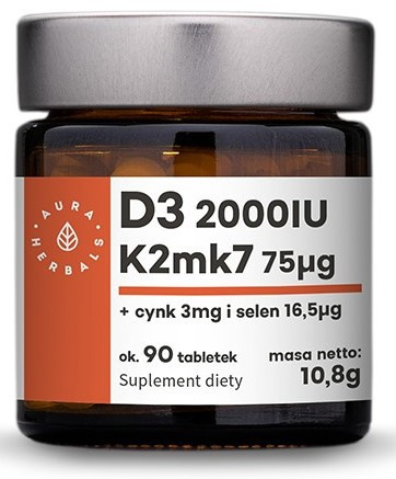 AURA HERBALS Witamina D3 2000 IU + K2 + Cynk + Selen 10,8 g tabletki 90 szt. AURA HERBALS Witamina D3 2000 IU + K2 + Cynk + Selen 10,8 g tabletki 90 szt.