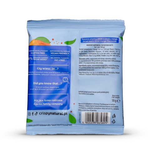 CRISPY NATURAL JABŁKO z sokiem z mango Naturalne suszone chipsy 18g CRISPY NATURAL JABŁKO z sokiem z mango Naturalne suszone chipsy 18g