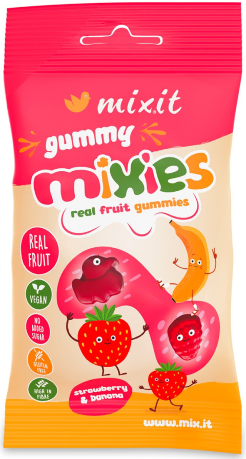 MIXIT Owocowe Mixies naturalne cukierki żelki o smaku truskawki i banana 35g MIXIT Owocowe Mixies naturalne cukierki żelki o smaku truskawki i banana 35g