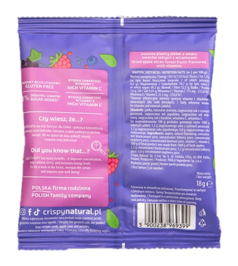 CRISPY NATURAL JABŁKO Suszone chipsy owoce leśne 18g