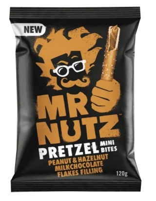 MR NUTZ Paluszki solone z nadzieniem z orzeszkami ziemnymi, orzechami laskowymi i kawałkami czekolady mlecznej 120g