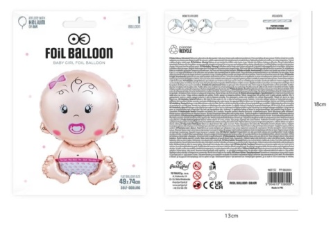 PartyPal Balon foliowy Bobas ze smoczkiem dziewczynka 49x74cm