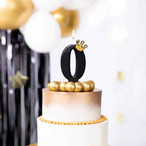 PartyPal Świeczka urodzinowa czarna ze złotą koroną cyfra 0