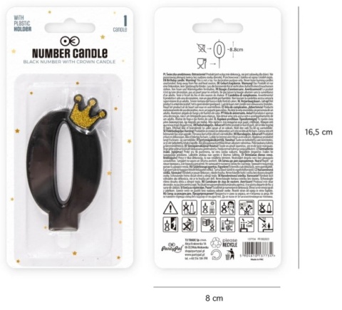 PartyPal Świeczka urodzinowa czarna ze złotą koroną cyfra 0