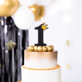 PartyPal Świeczka urodzinowa czarna ze złotą koroną cyfra 1