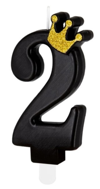 PartyPal Świeczka urodzinowa czarna ze złotą koroną cyfra 2