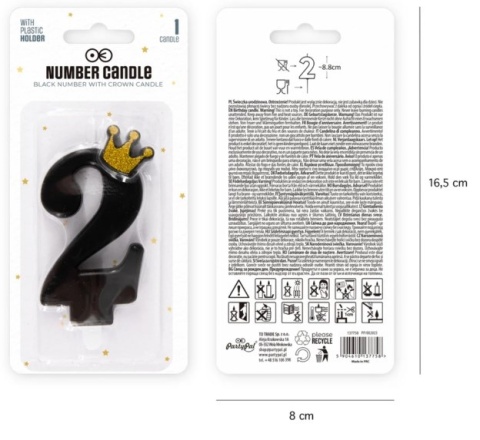 PartyPal Świeczka urodzinowa czarna ze złotą koroną cyfra 2