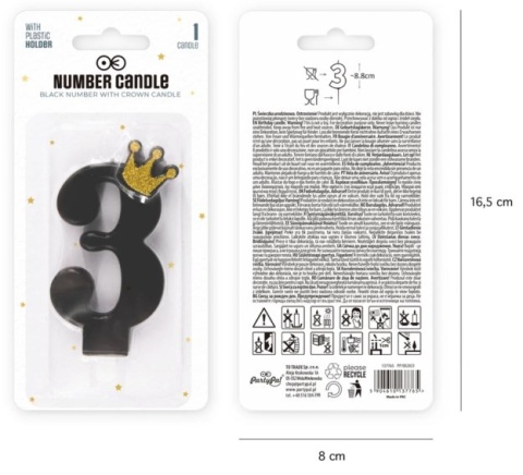 PartyPal Świeczka urodzinowa czarna ze złotą koroną cyfra 3