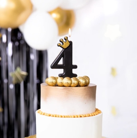 PartyPal Świeczka urodzinowa czarna ze złotą koroną cyfra 4