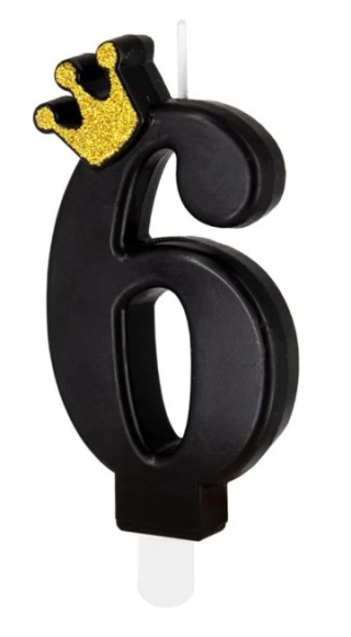 PartyPal Świeczka urodzinowa czarna ze złotą koroną cyfra 6