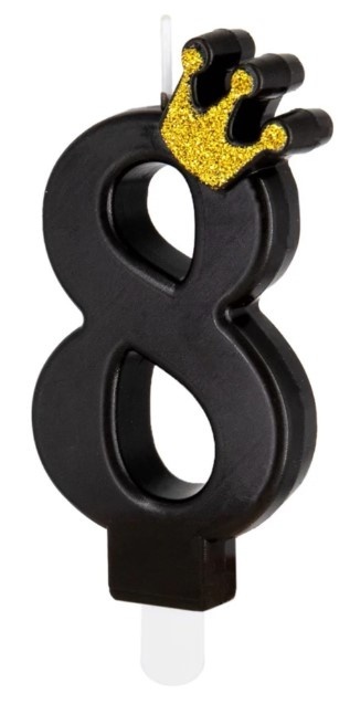 PartyPal Świeczka urodzinowa czarna ze złotą koroną cyfra 8