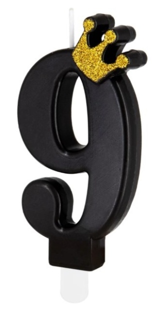 PartyPal Świeczka urodzinowa czarna ze złotą koroną cyfra 9