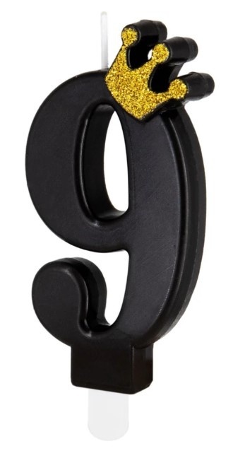 PartyPal Świeczka urodzinowa czarna ze złotą koroną cyfra 9
