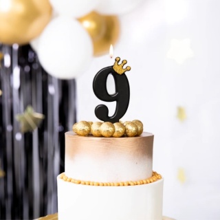 PartyPal Świeczka urodzinowa czarna ze złotą koroną cyfra 9
