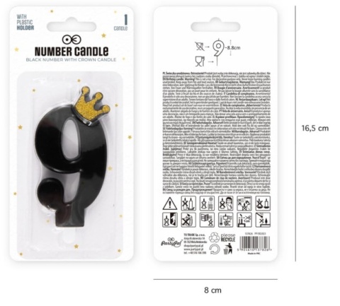PartyPal Świeczka urodzinowa czarna ze złotą koroną cyfra 9