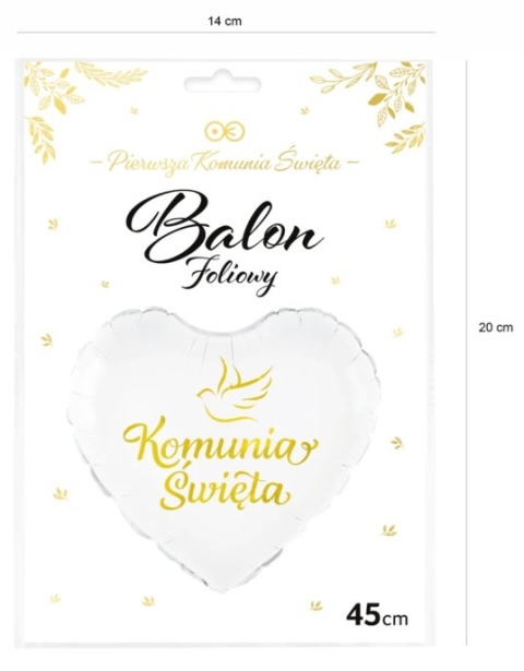 PartyPal Balon foliowy serce Komunia Święta biało-złoty 45cm
